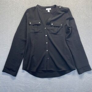 Calvin Klein Women Blouse Top Black Small‎ Silver Buttons,Long Sleeve,Pockets